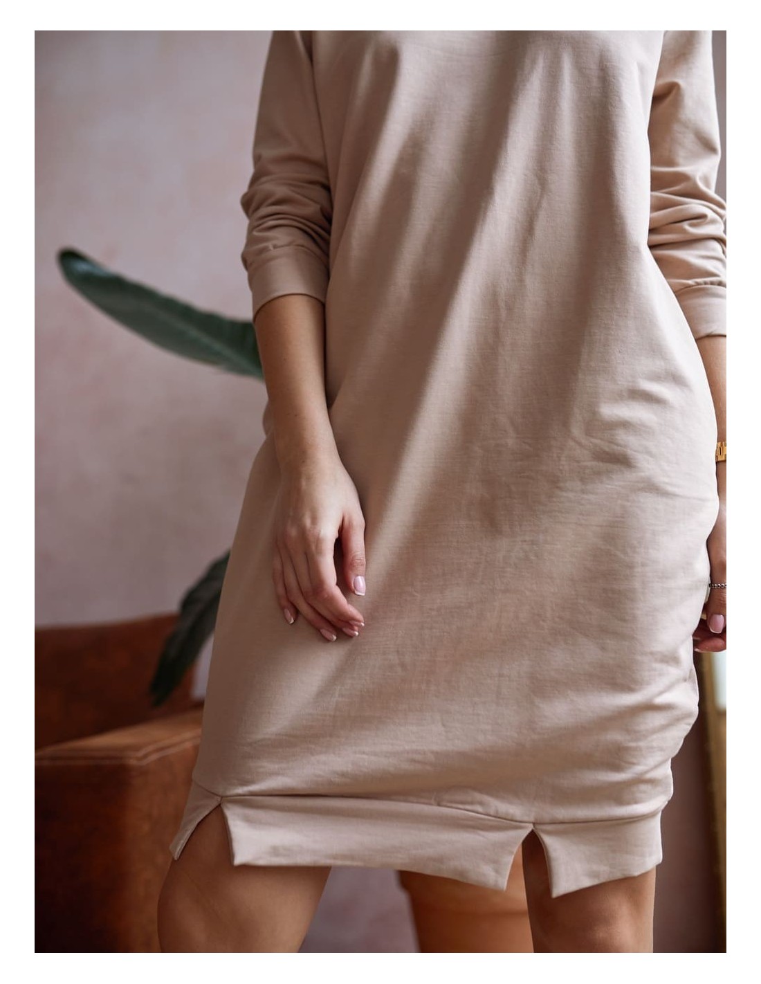 Smooth bauble dress with pockets, beige FI682 - Online store - Boutique